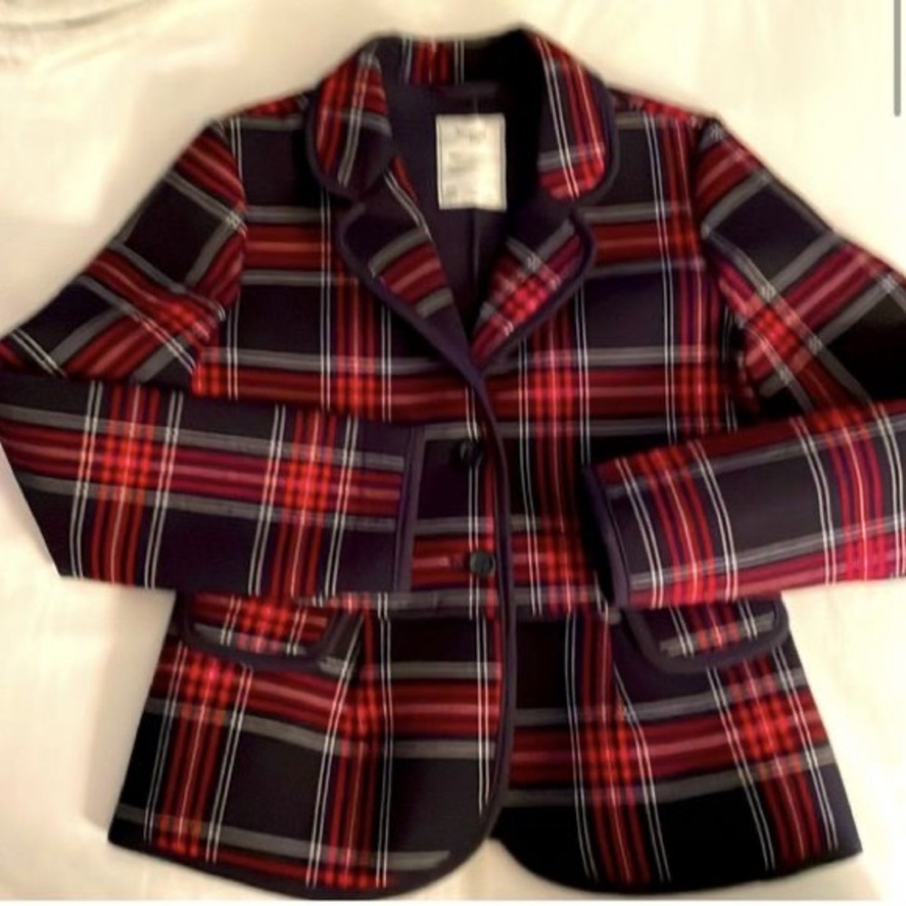 EUC. Girls 10. Mayoral Red and Navy Plaid Peplum Tailored Blazer